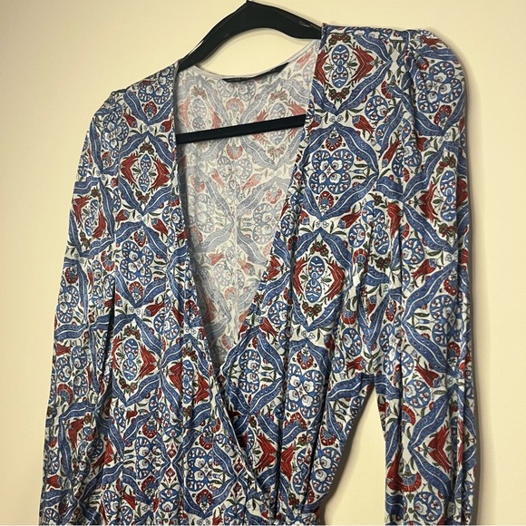 ZARA Silky Blue Paisley Authentic Wrap Longsleeve Midi Dress - Picture 7 of 15